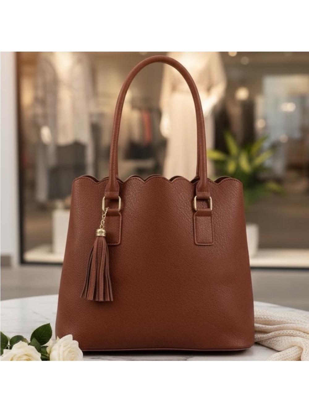 FINAL WEEK — Brown Scalloped Vegan Leather Tote Bag | Tassel Purse